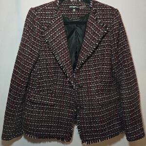 Karl Lagerfeld Paris Wool Blend Oxblood Black Tweed Two Button Blazer Coat sz 12